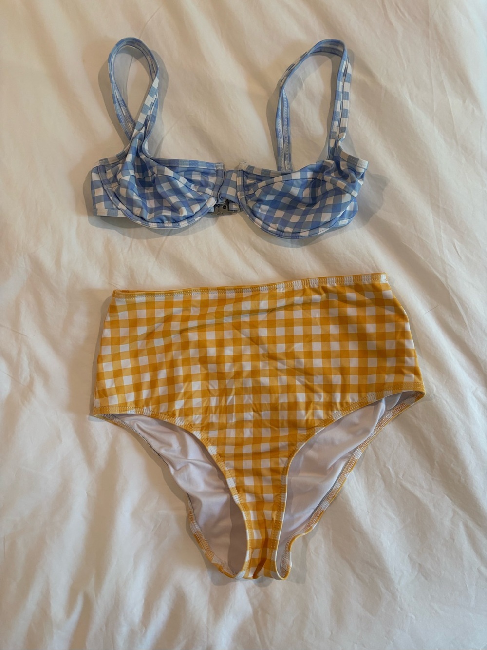 EPHEMERA  Gingham Two-Piece Swim Set in Blue and Yellow